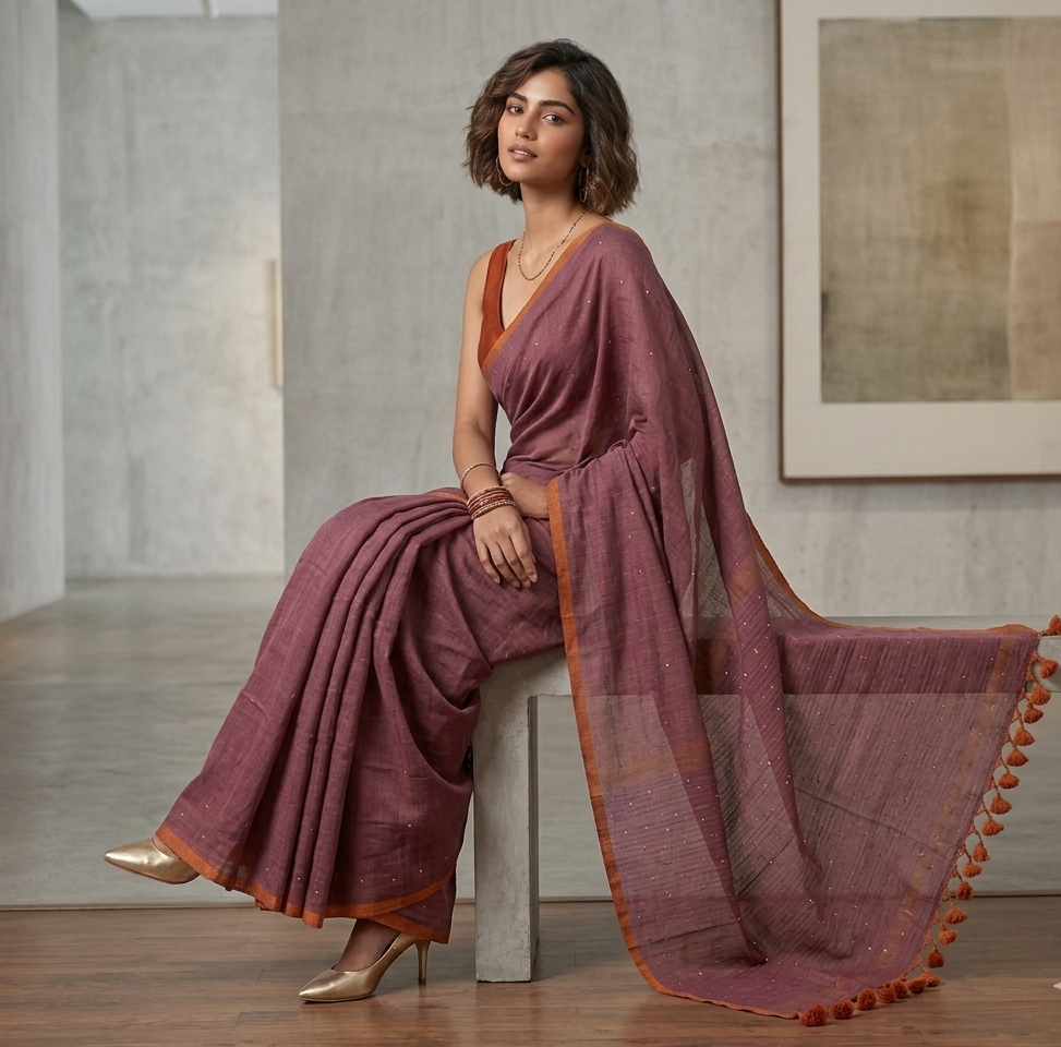 Onion color Body with orange Undertone Dual Tone Saree with Subtle Sequin | Mul Cotton Handloom