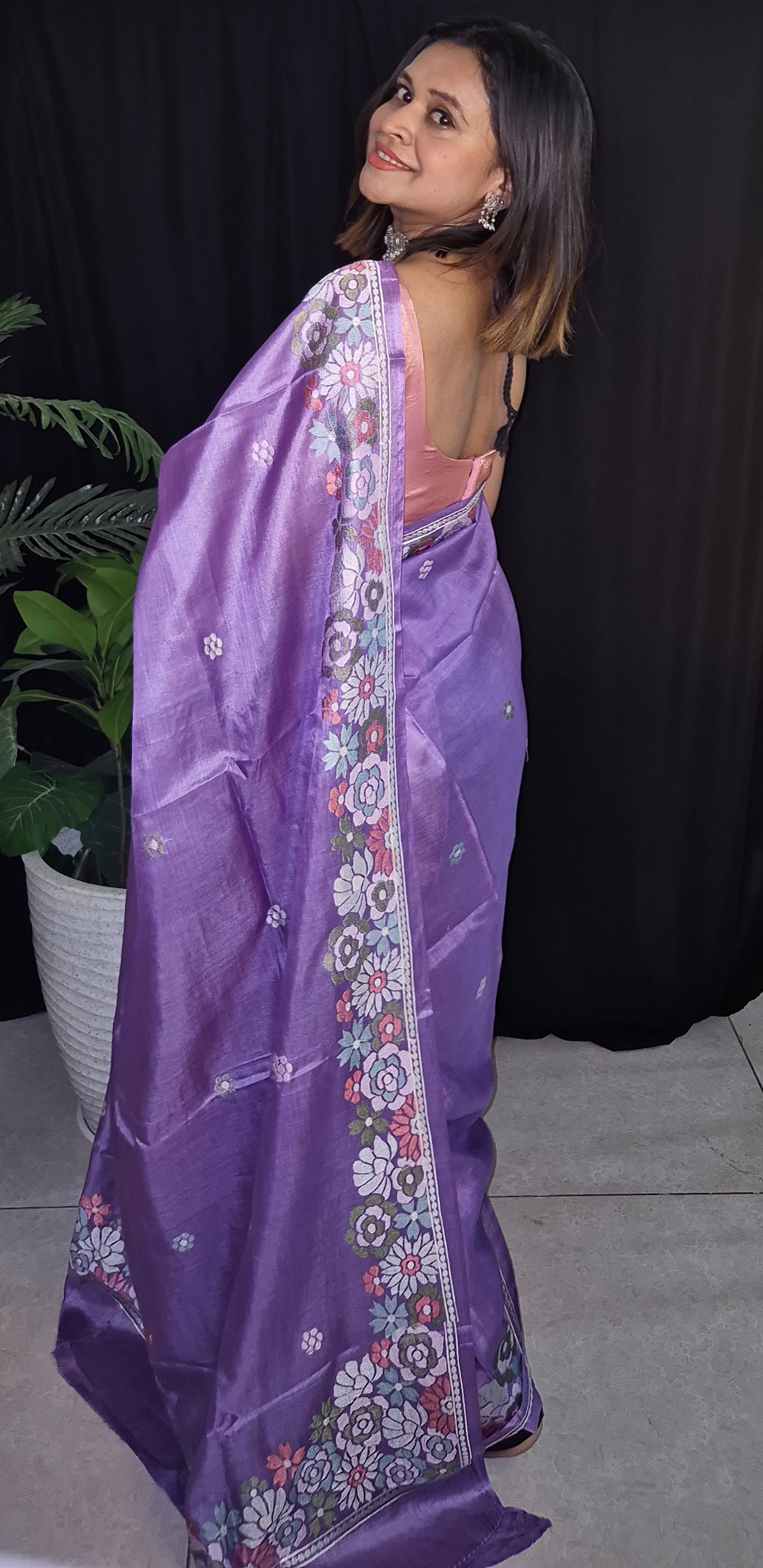 Authentic Vibrant Lavender Handloom Tusser Silk Saree with Intricate Floral Threadwork | SUTA-SAGA