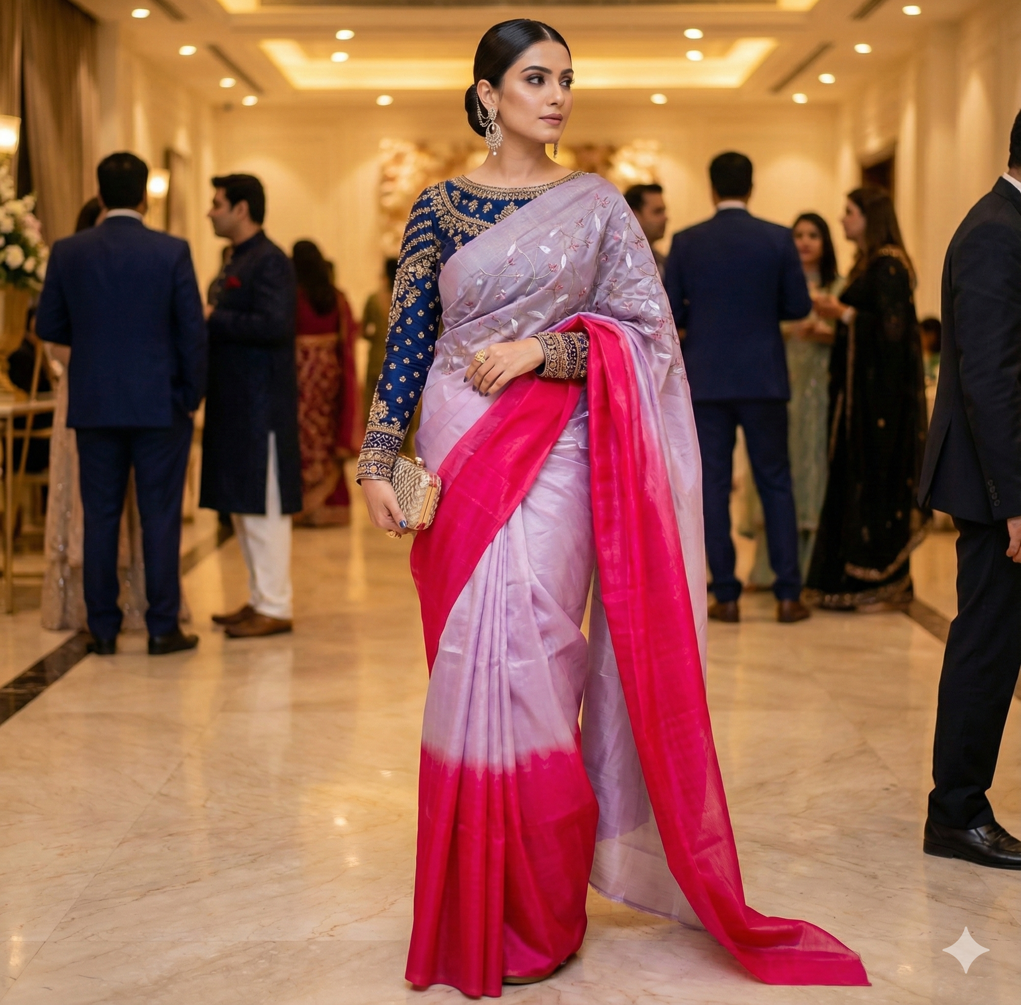 Ombre Lavender–Pink Organza Sheer Saree with Modern Swirl Embroidery – Lightweight Designer Drape