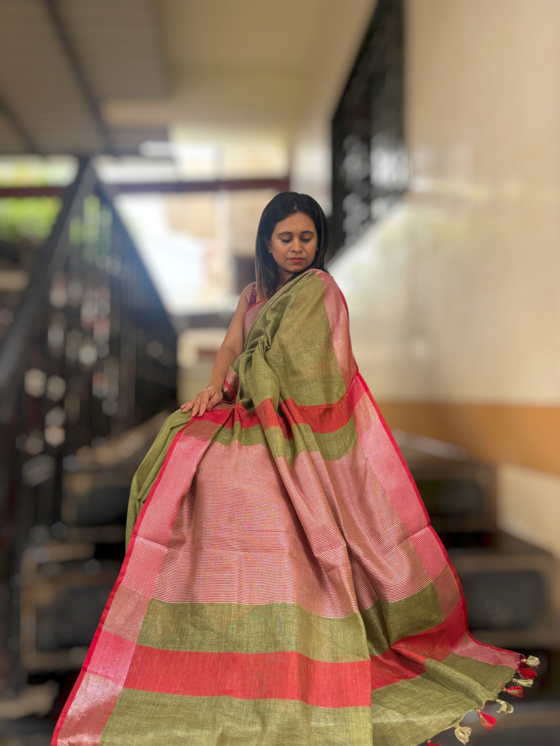 Olive Green Pure Linen Saree with Rust Red Contrast Border | Professional Work Wear
