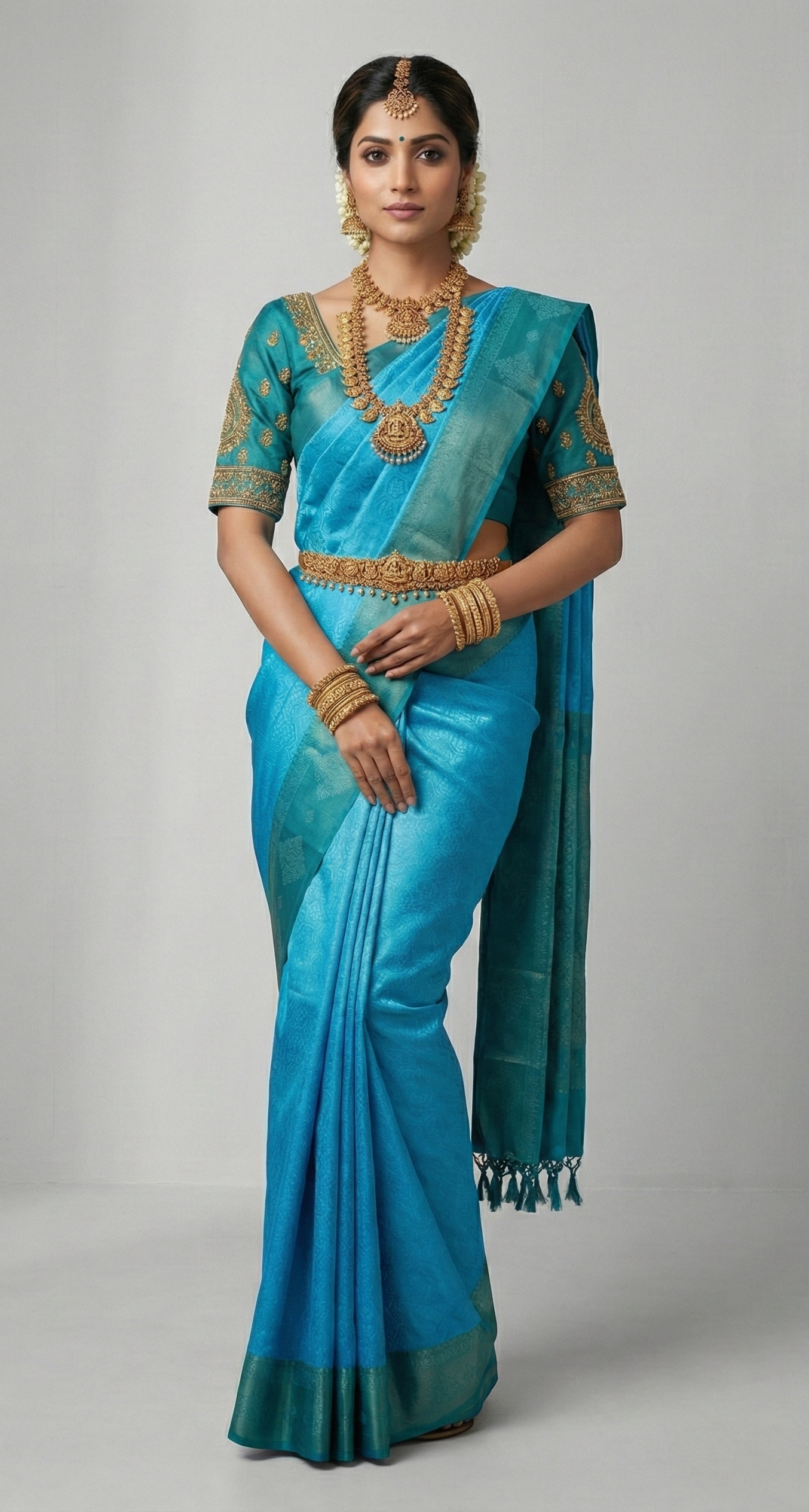Vibrant Blue Silk Handloom Saree with Rich Teal Geometric Border and Pallu