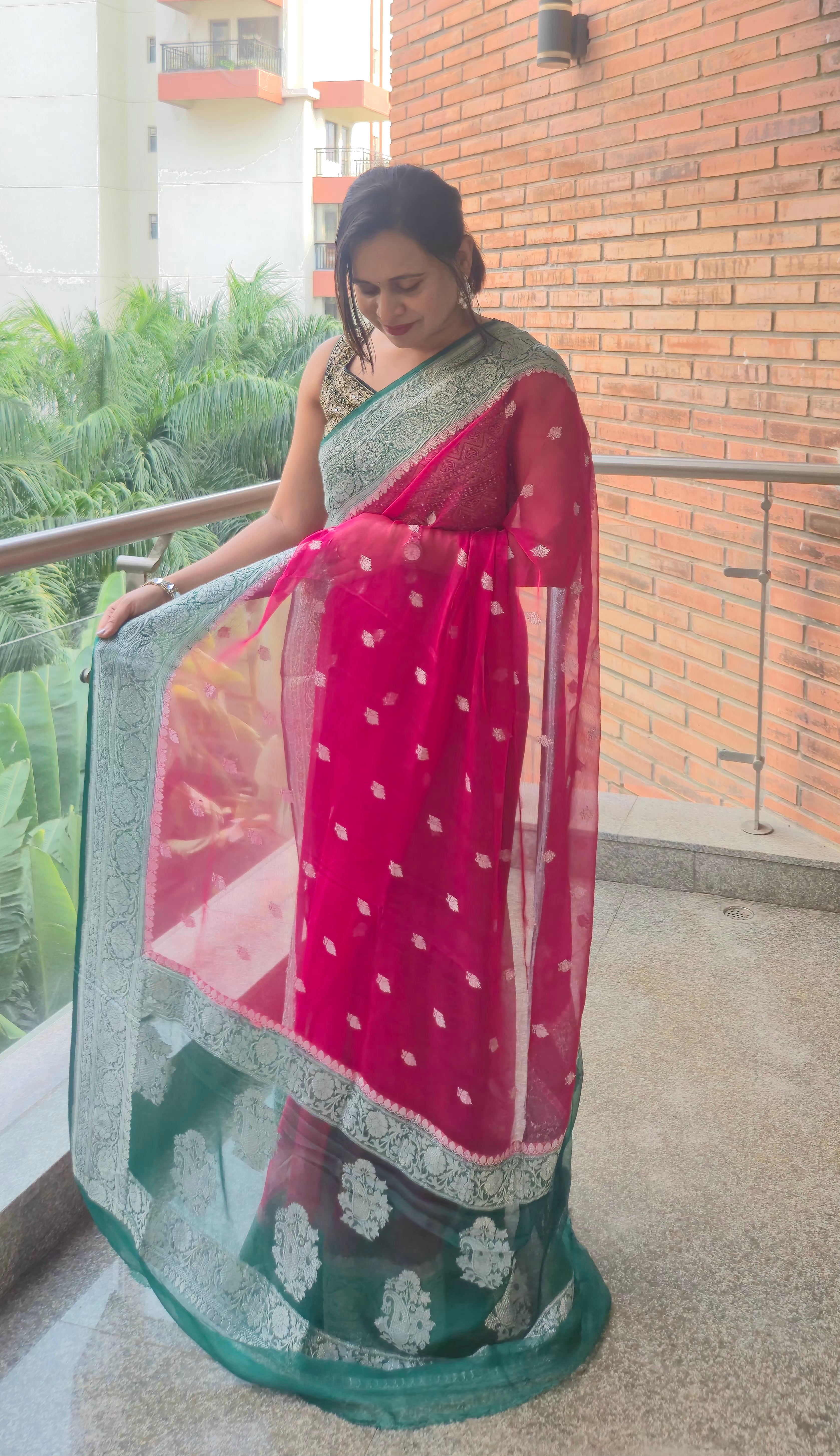 khaddi Chiffon Mysore Silk crimson Pinkish Saree – Handcrafted Elegance