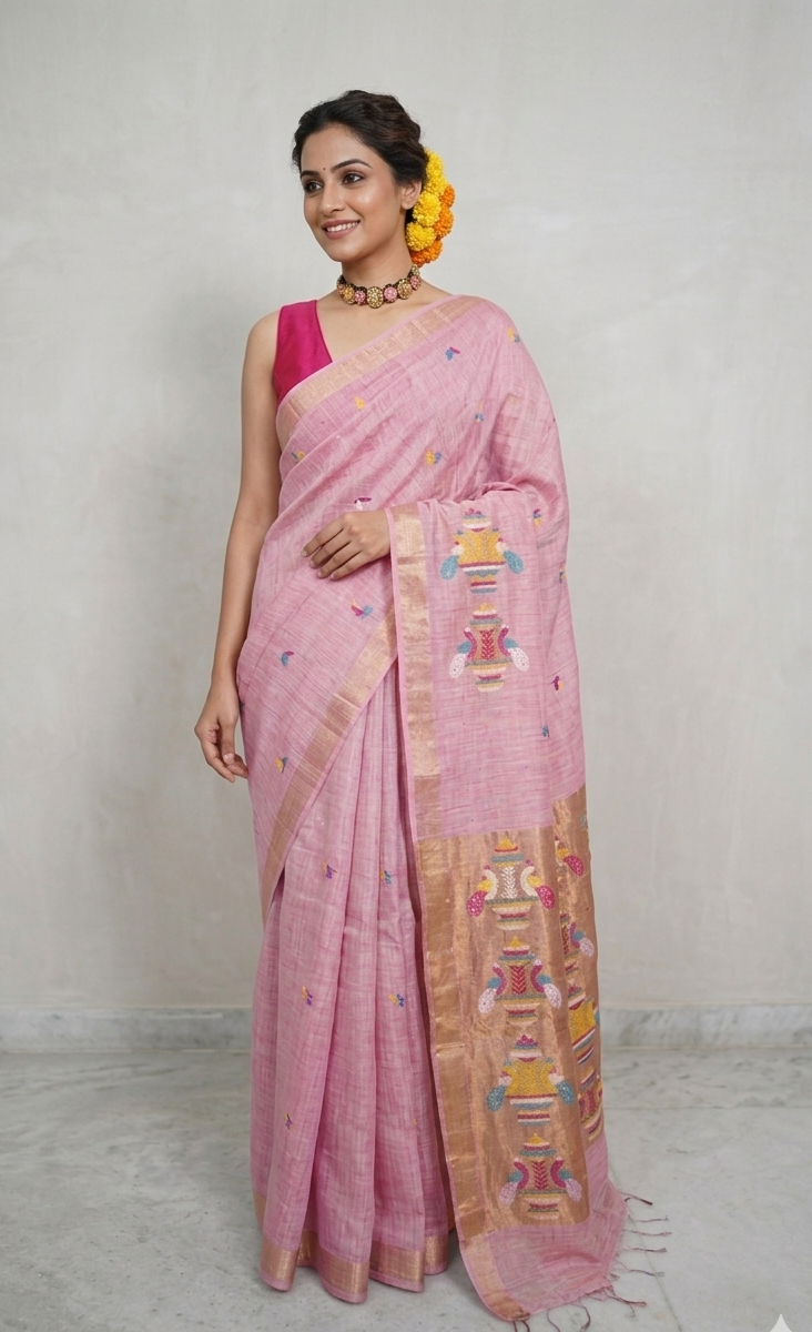 Premium Pink Linen Silk Paithani Jamdani Saree with Golden Zari Border | Festive Collection