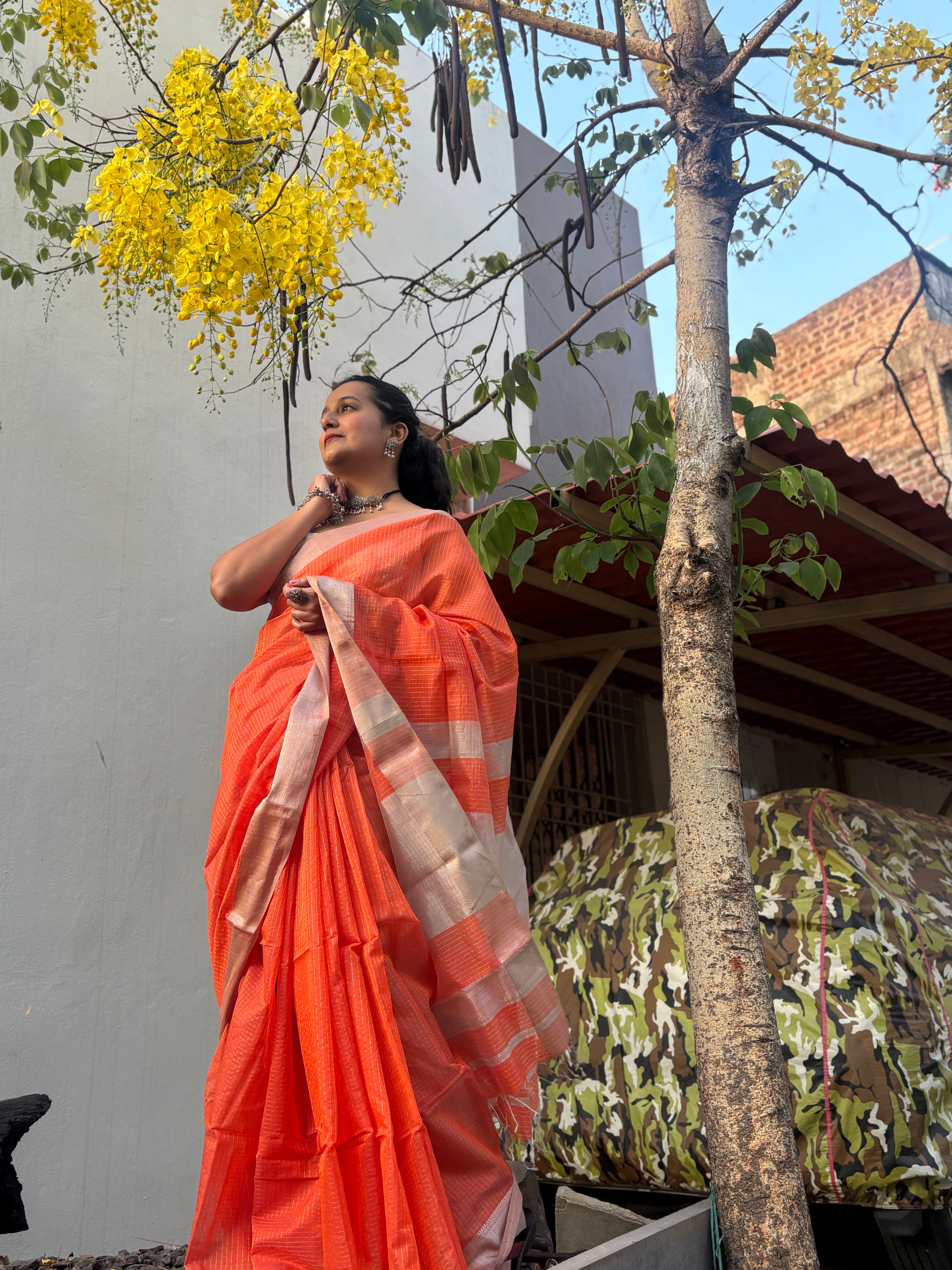 Authentic Sunset orange (or coral)  Handloom Maheshwari Silk Cotton Saree with Silver Zari Checks | SUTA-SAGA
