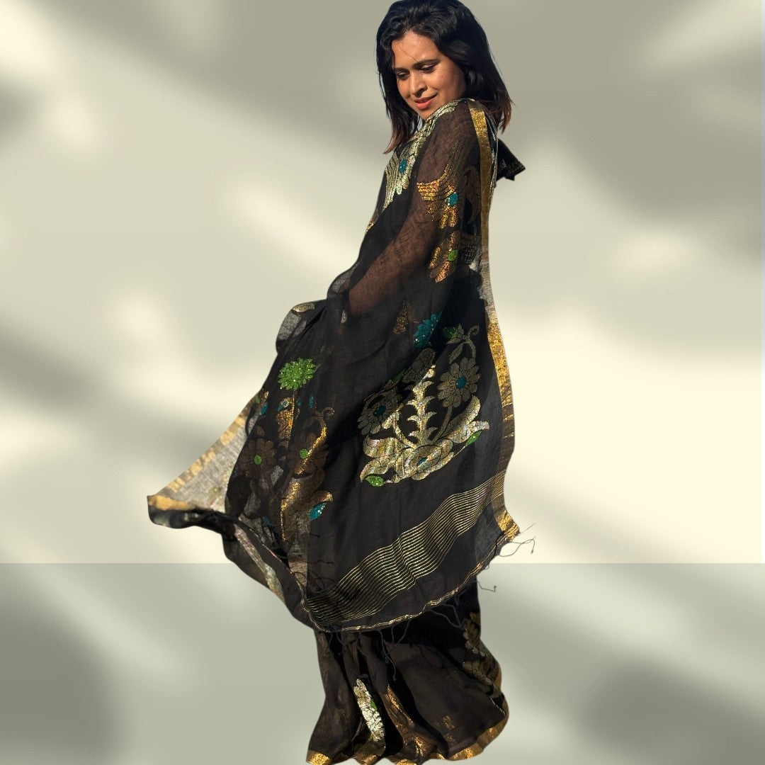Premium Black Linen Saree with Golden Zari Border | Designer Floral Weaves | Festive Collection