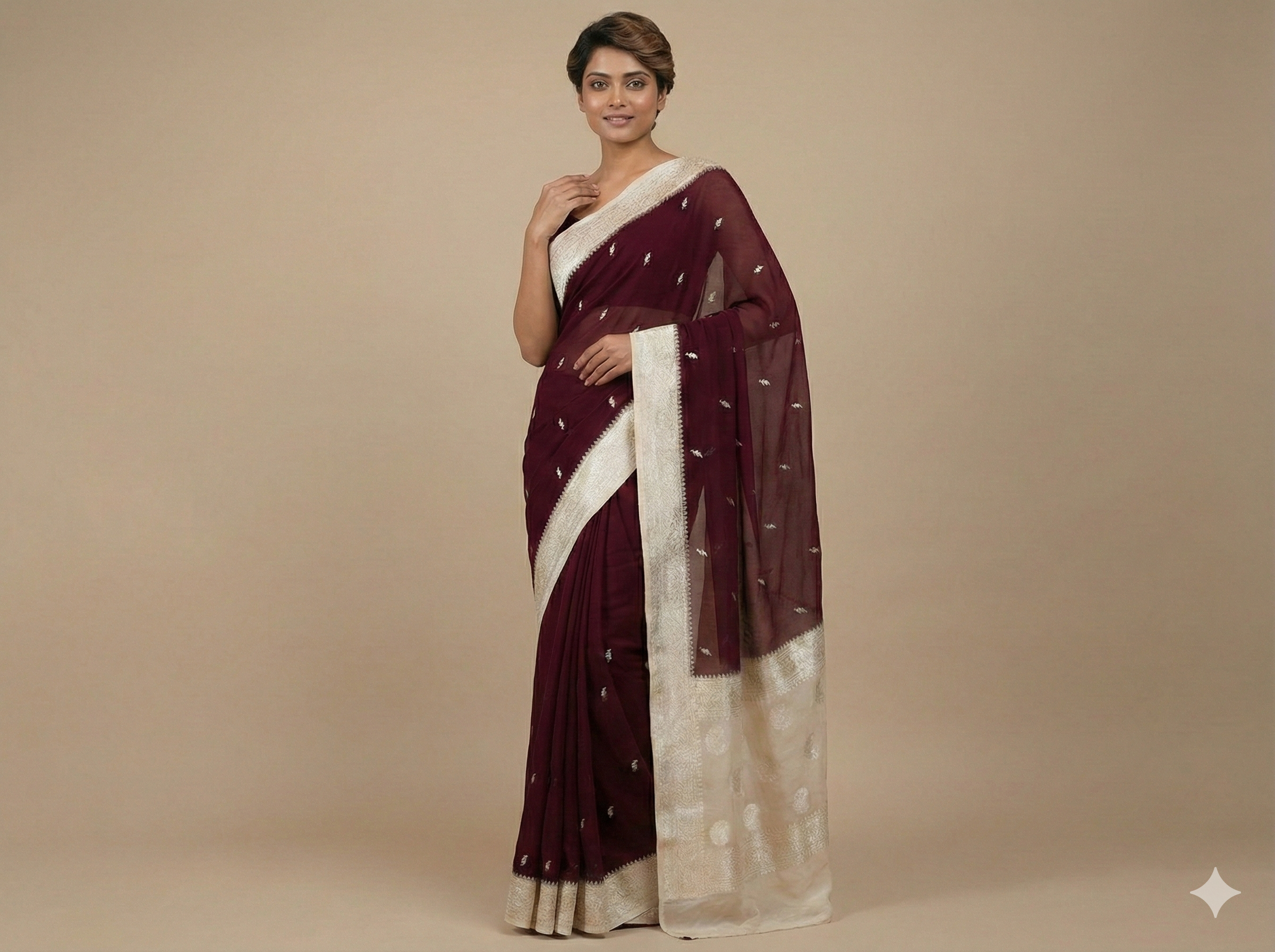 khaddi Chiffon Mysore Silk Sheer deep wine/maroon Saree – Handcrafted Elegance