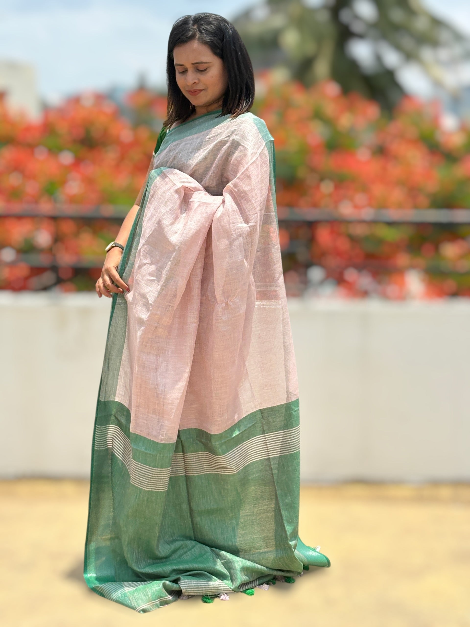 Organic Beige Pure Linen Saree with Forest Green Border | Natural Office Wear