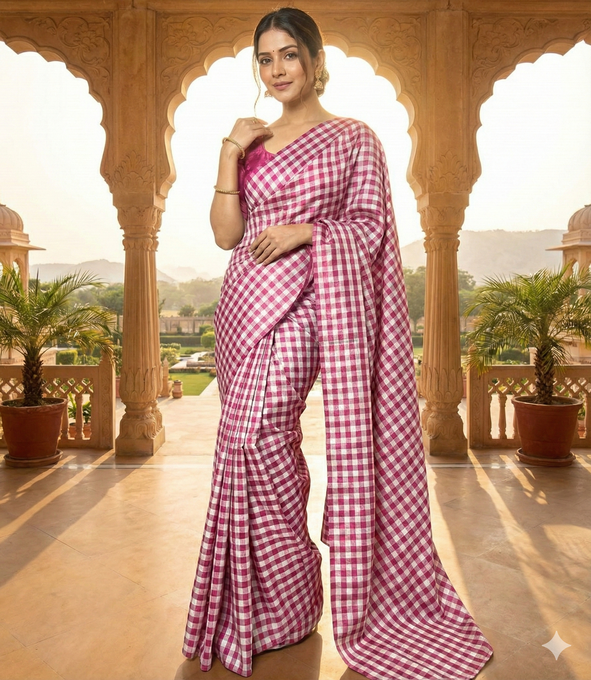 Magenta Pink & Silver Checkered Tissue Chanderi Handloom Saree | Lightweight Festive Drape