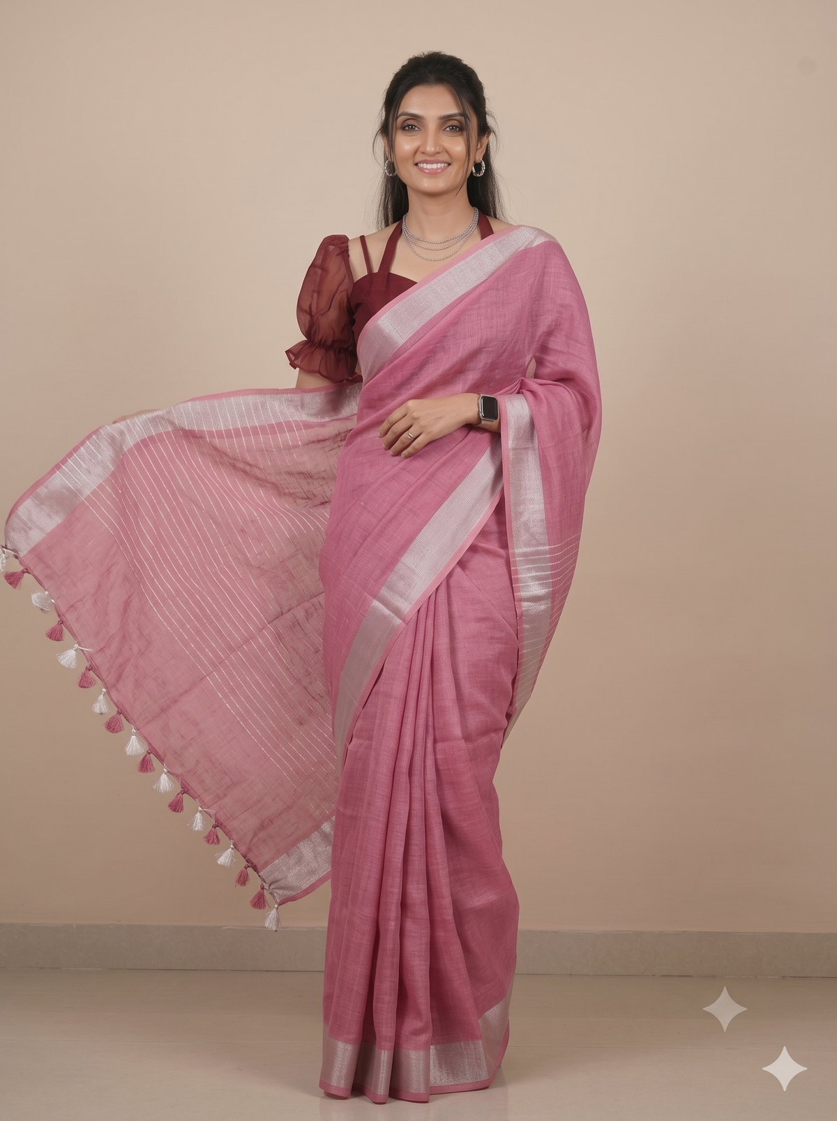 Premium Pure Handloom Linen Saree in Soft Pink with Silver Zari Border | Breathable Office Wear Saree