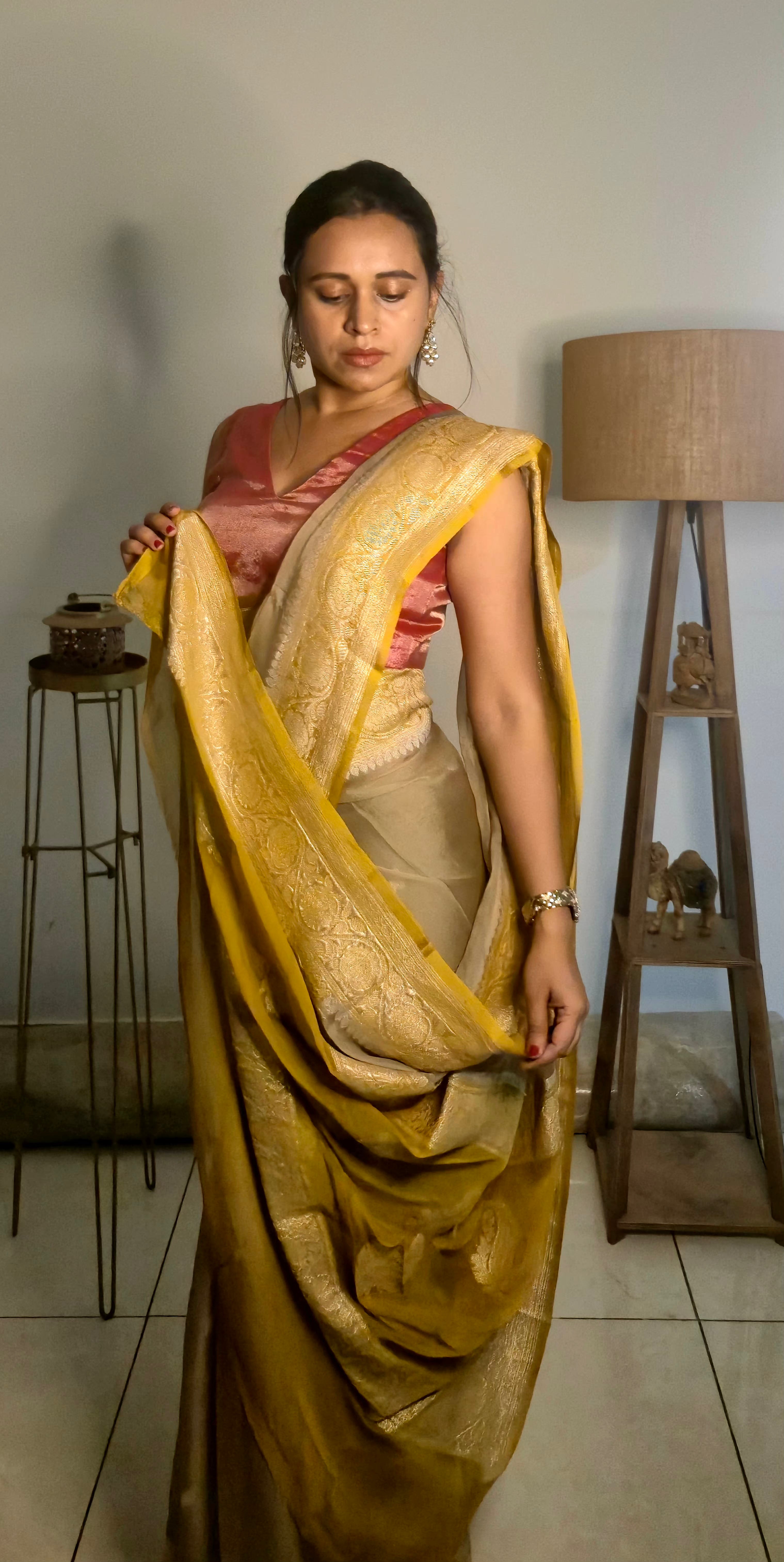 khaddi Chiffon Mysore Silk Erthy Biege Saree – Handcrafted Elegance