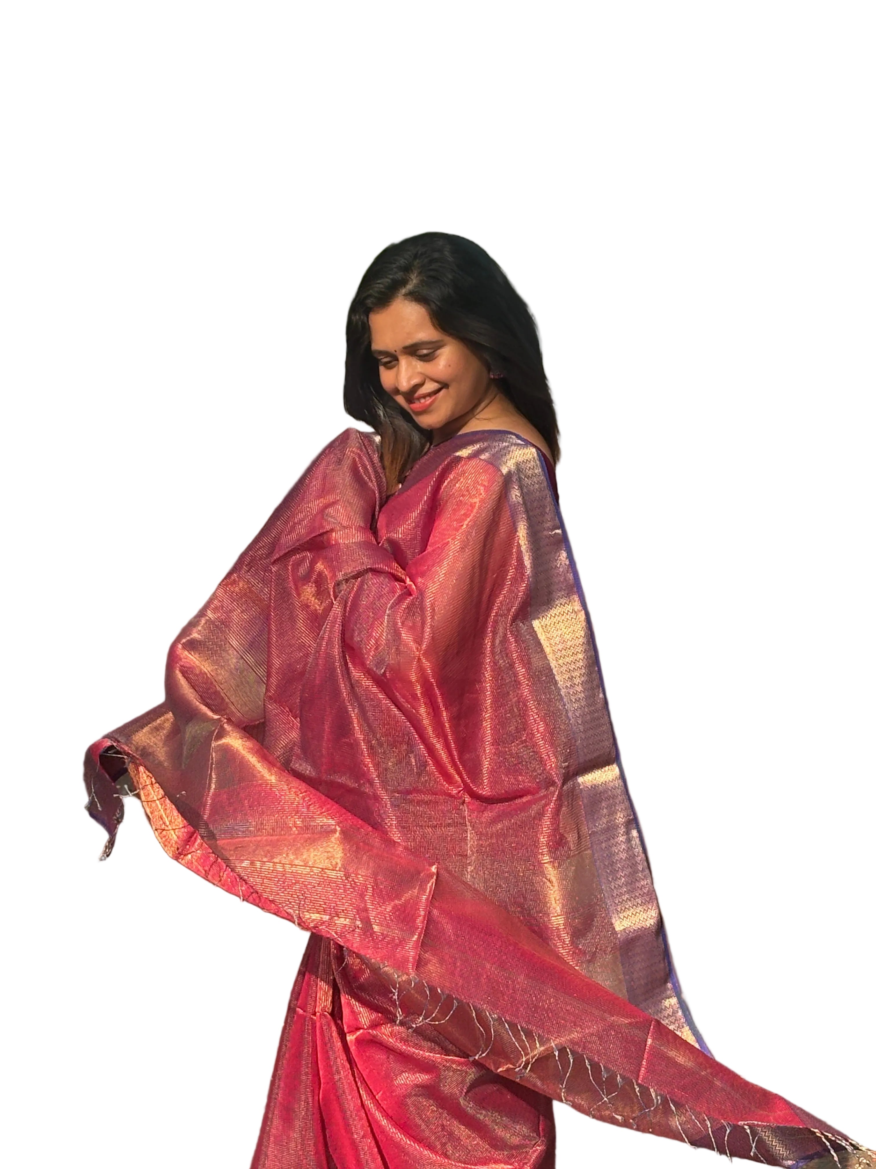 Authentic Deep Rose Pink Handloom Maheshwari Silk Cotton Tissue Saree with Silver Zari Checks | SUTA-SAGA