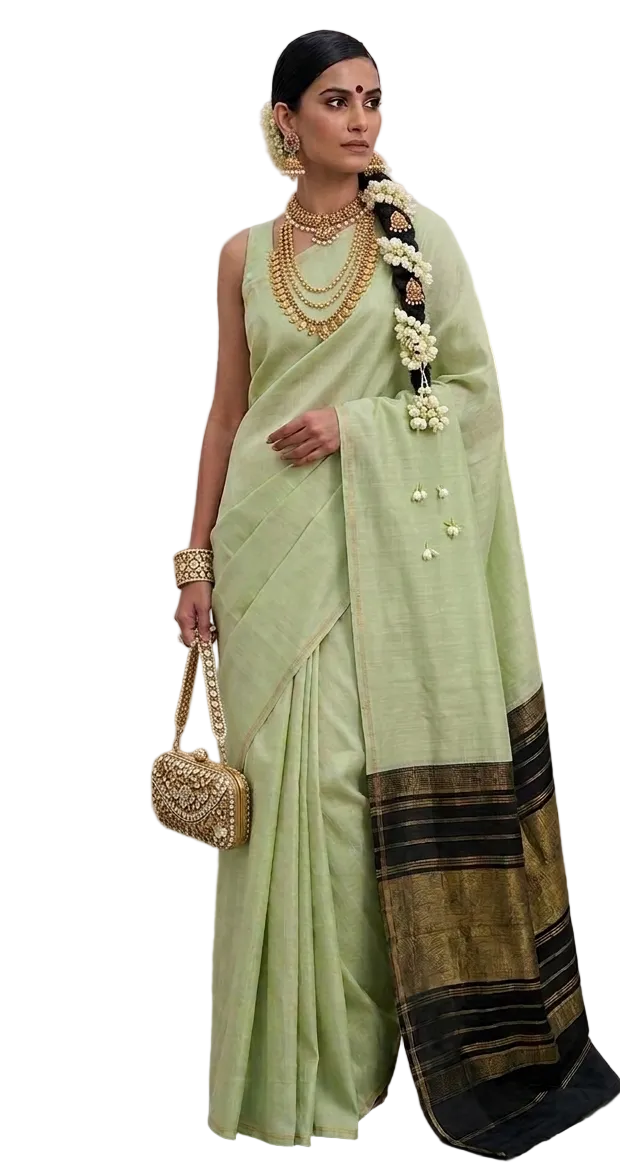Authentic Handloom Vintage Collection Kanchipuram Silk Saree - Soft mint with Black Pallu | SUTA-SAGA