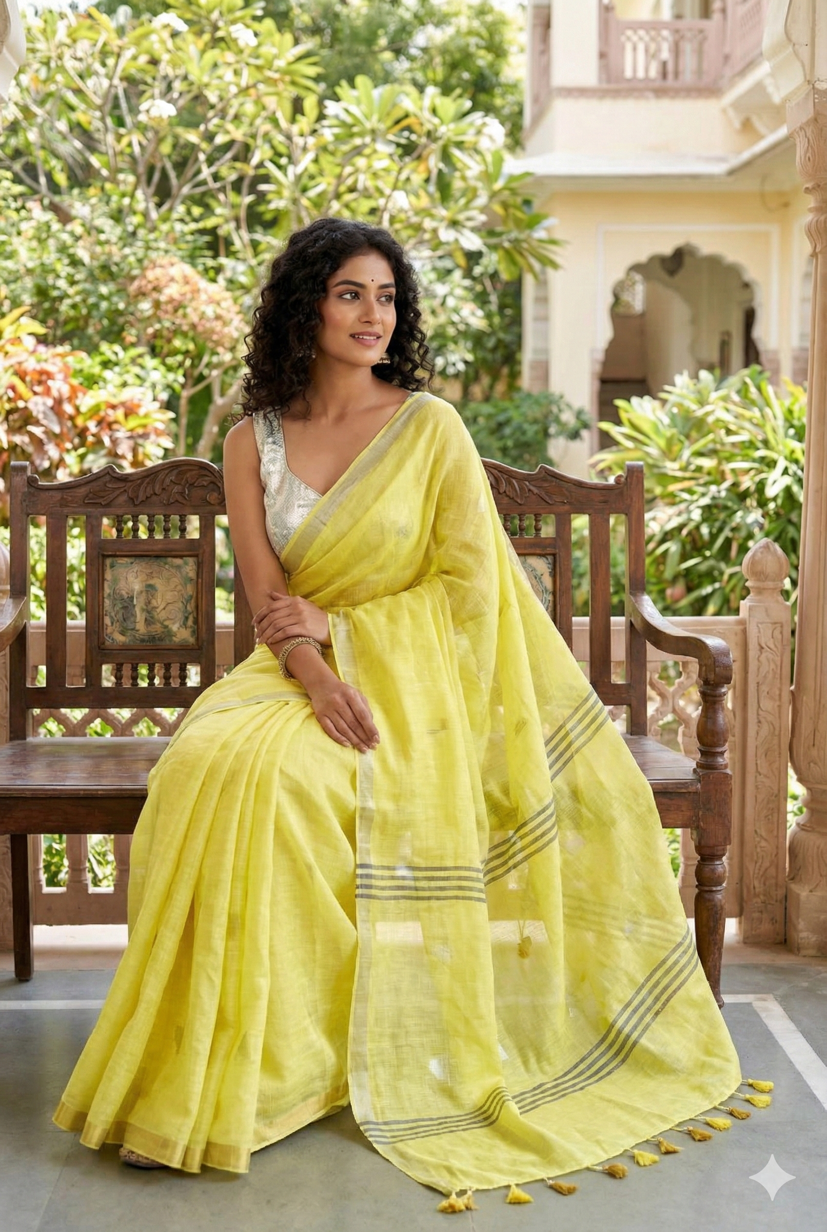 Embrace Radiant Elegance in this Yellow Linen Saree with Woven Stripes & Tassels