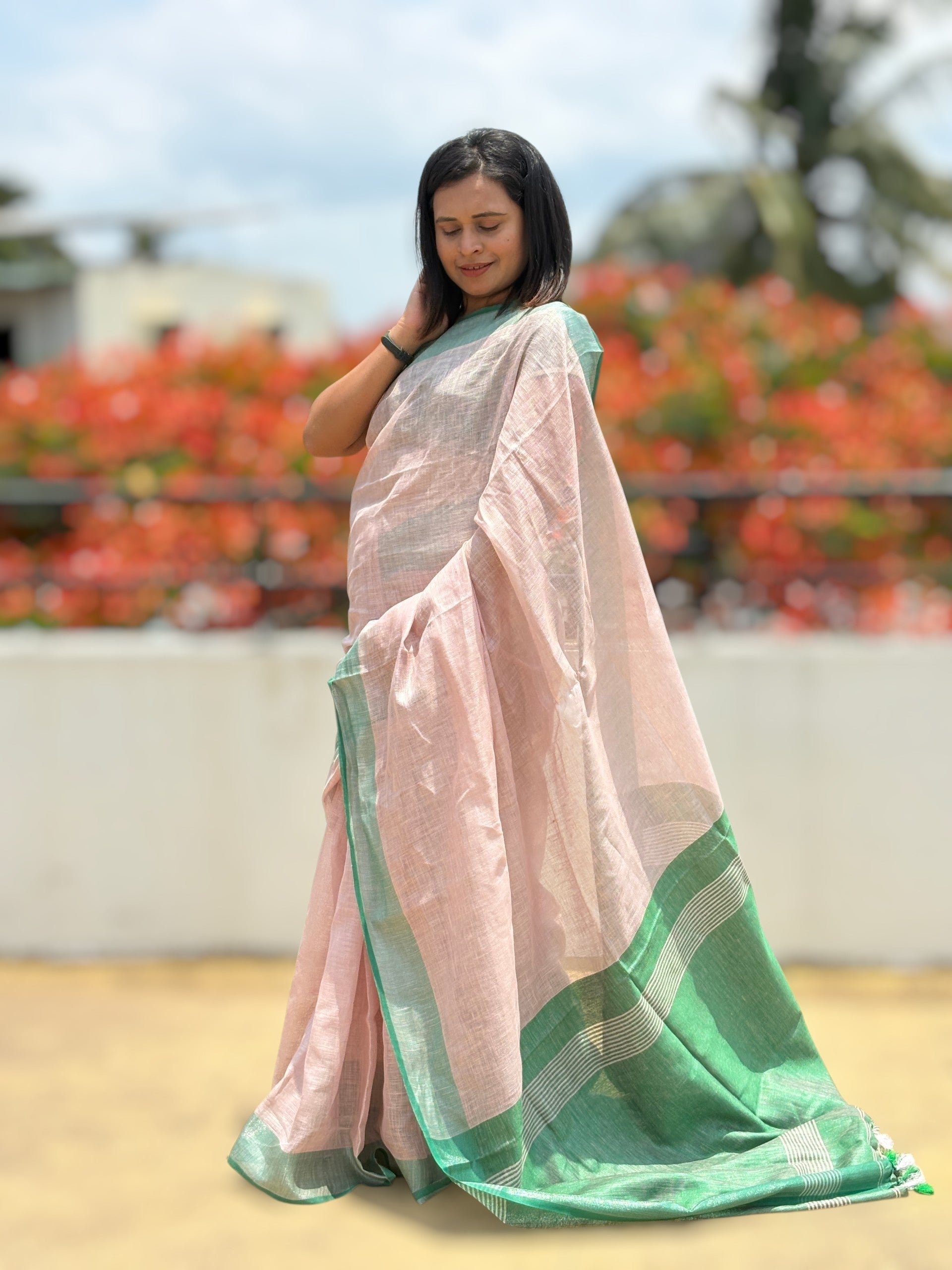 Organic Beige Pure Linen Saree with Forest Green Border | Natural Office Wear