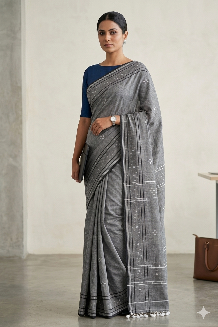 Handwoven Kantha embroidery pride of West-Bengal tradition Premium Grey Soft Cotton Handloom Saree | SUTA-SAGA