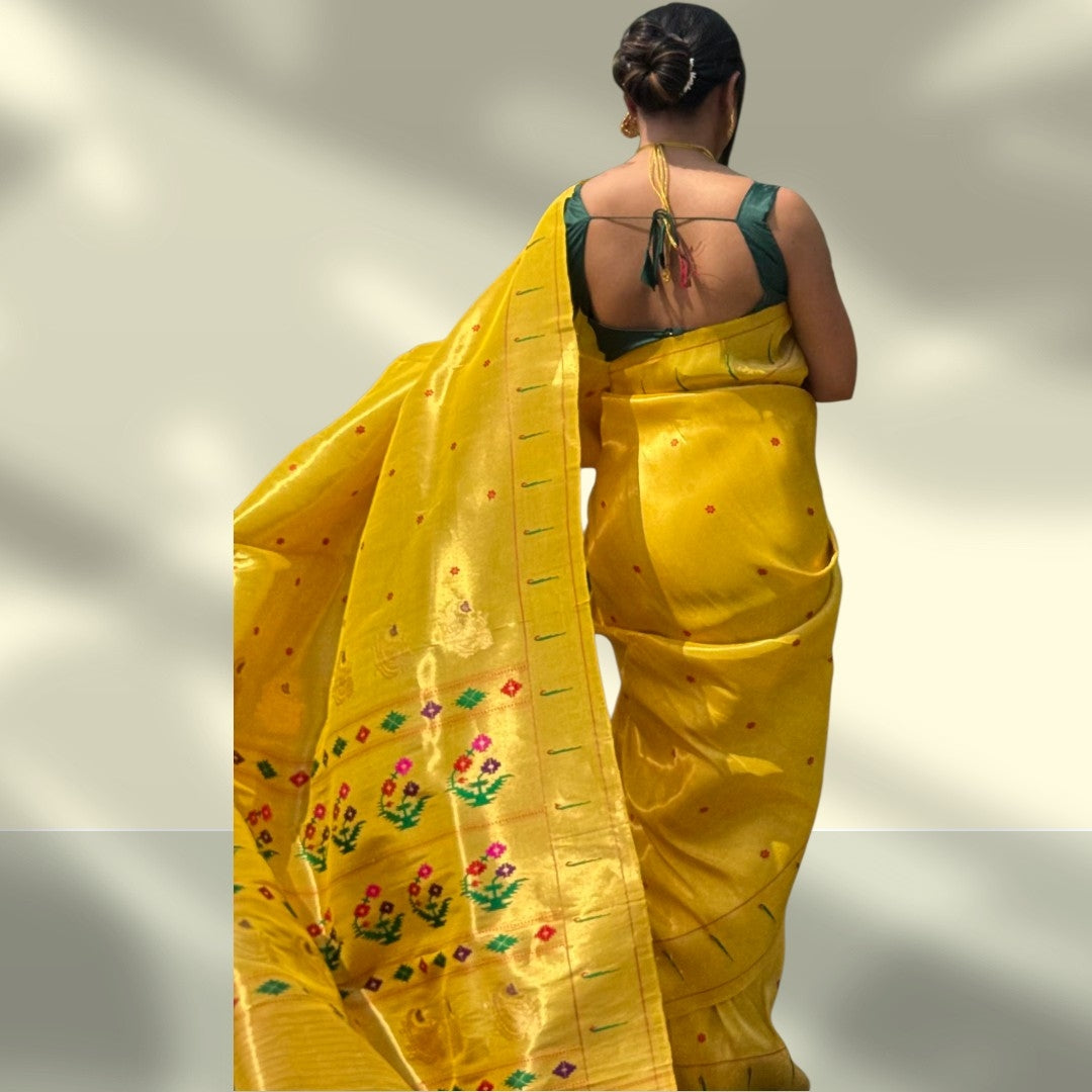 Premium Brocade Tissue Silk Paithani Saree with yellow Zari Border & Multicolor Floral Pallu – Traditional Maharashtrian Handloom