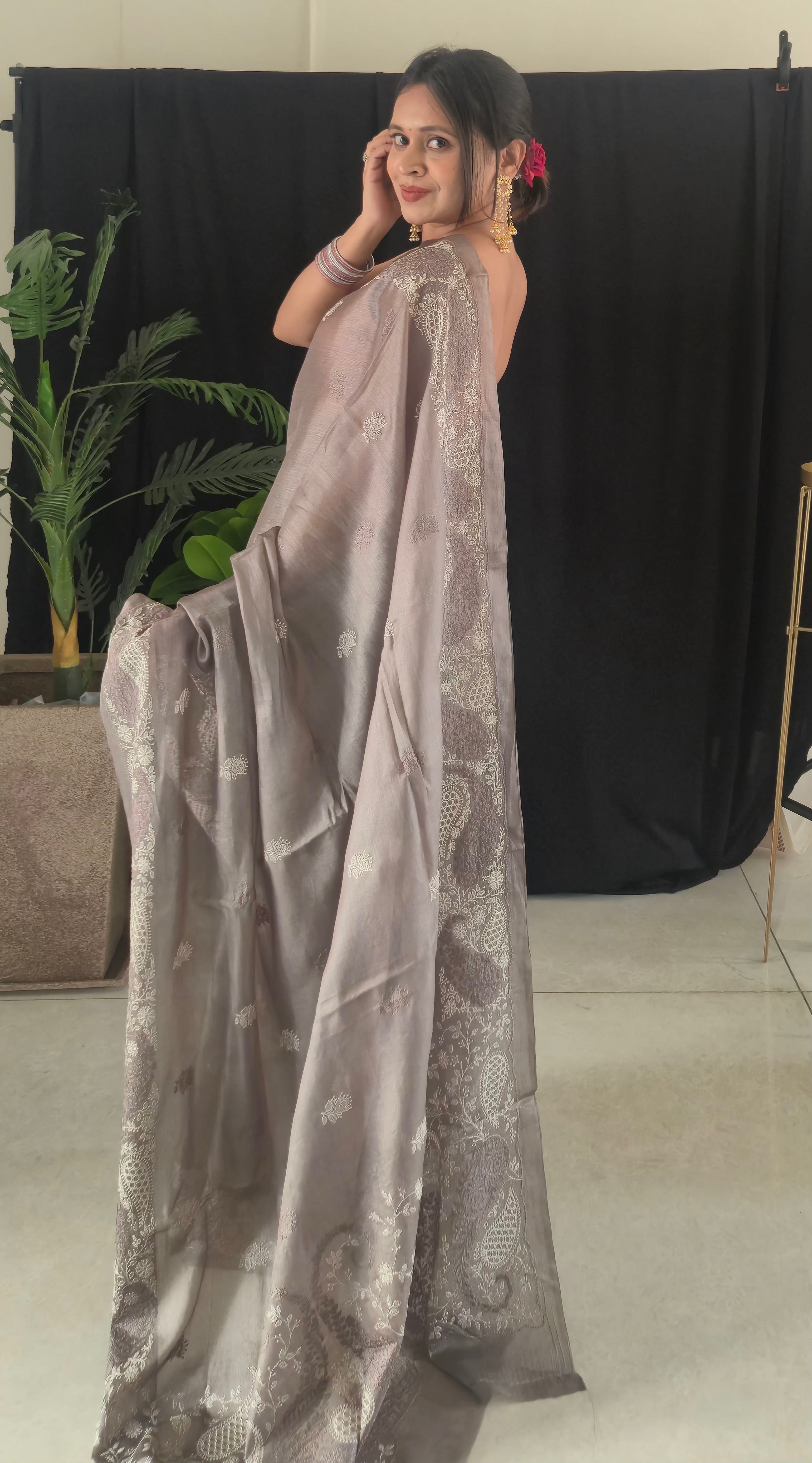 Authentic Silver-Taupe Tussar Silk Chikankari Fusion Handloom Saree | SUTA-SAGA