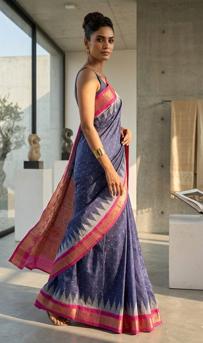 Handwoven Designer Tissue Silk Saree | Traditional Odisha Temple Border - Odisha Handloom
