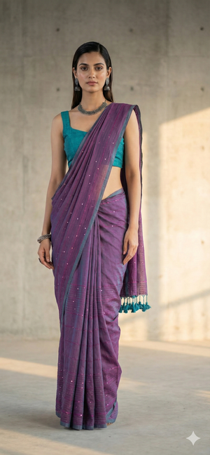 Woman wearing a purple saree with a teal blouse against a neutral background